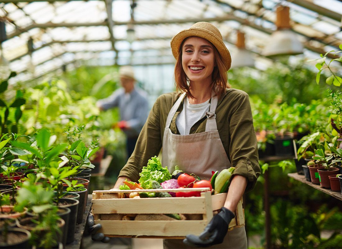 Business Insurance - Female Gardener Carrying a Wooden Box Full of Vegatables in a Green House